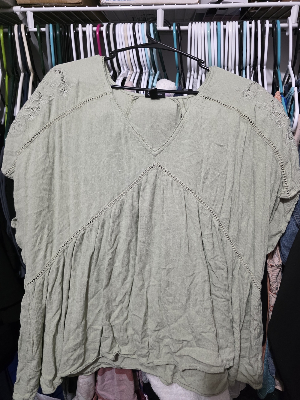 torrid Sage Green Peasant Tunic with Embroidered Sleeves